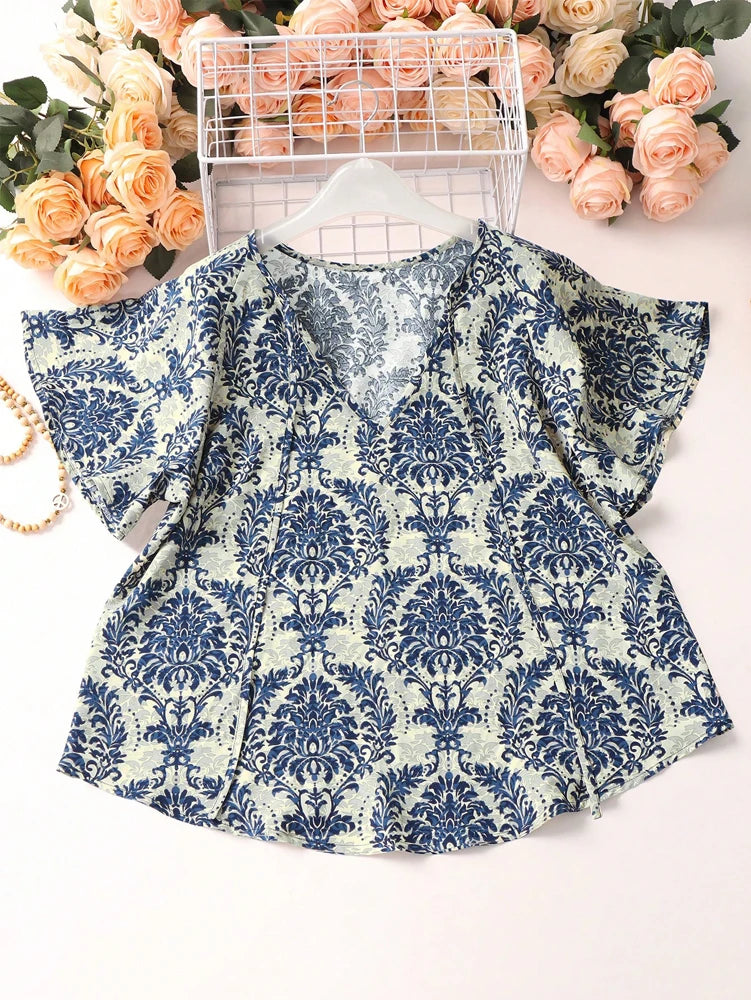 Plus Size Navy Blue Printed Loose V-Neck