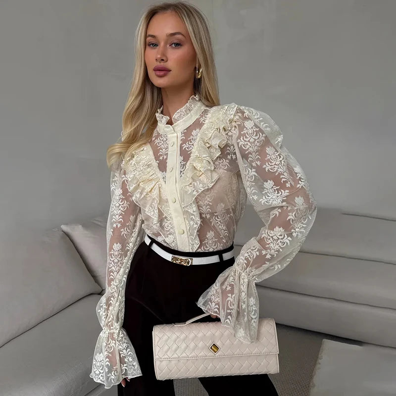 Tornova Fashion Sheer Lace Women's Blouses Retro