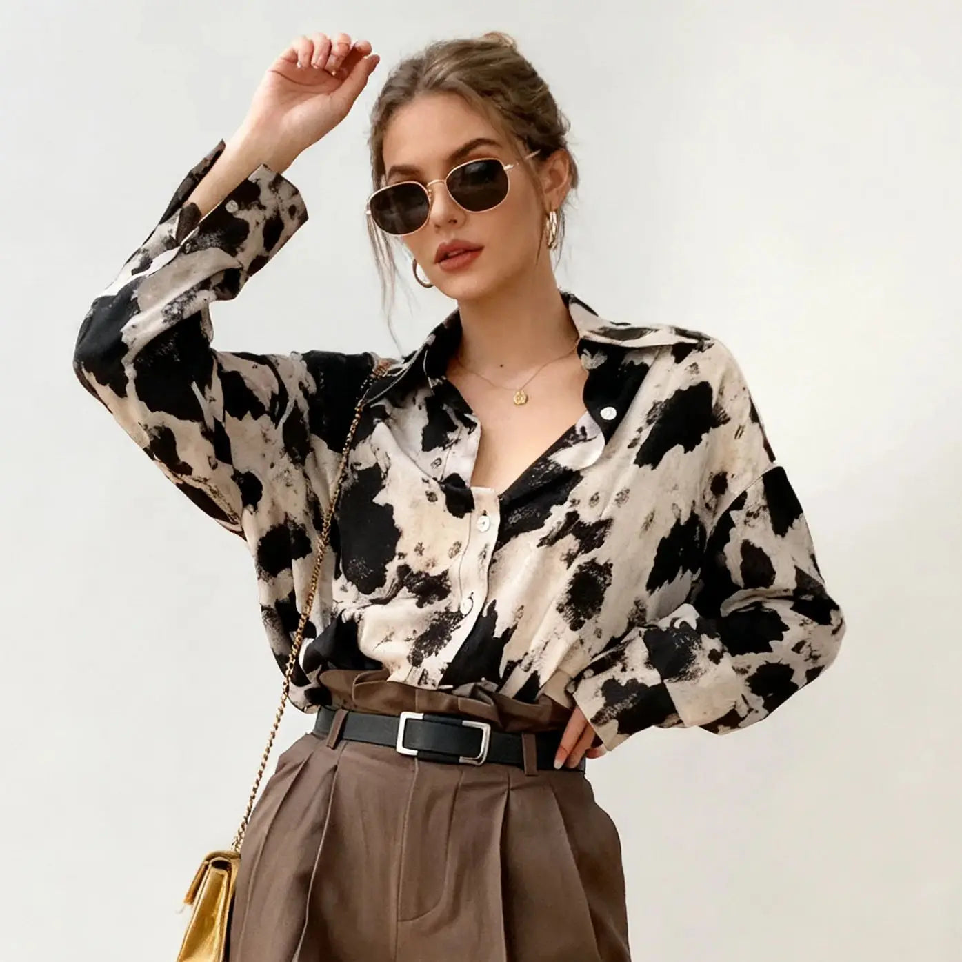 Spring Cow Print Button Up Shirts Women