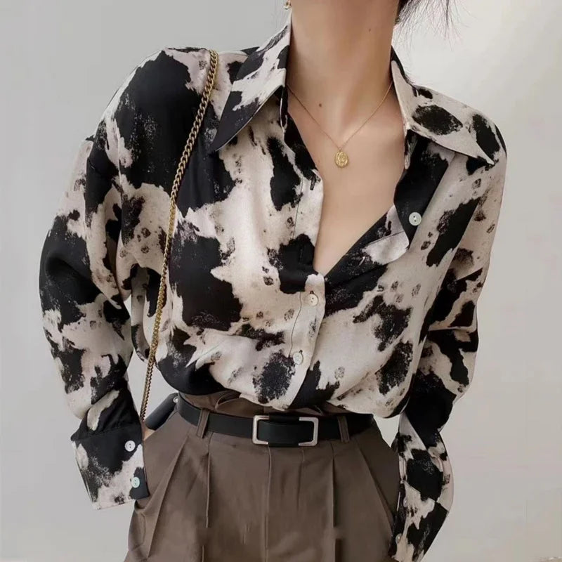 Spring Cow Print Button Up Shirts Women