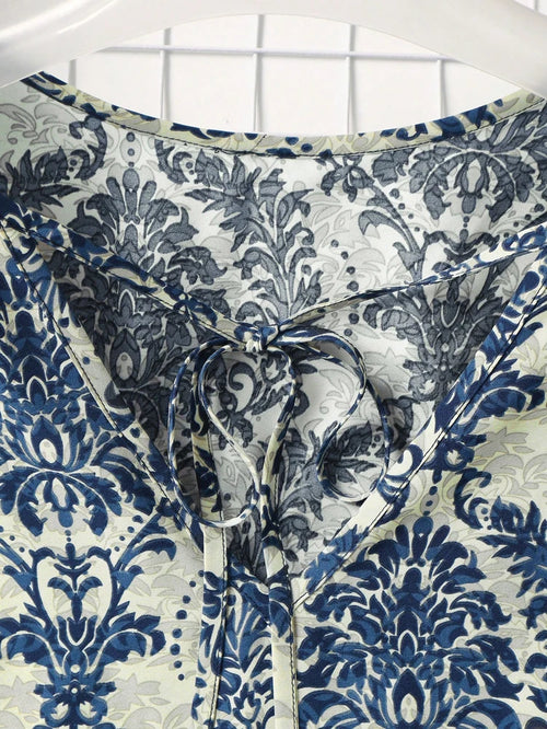 Plus Size Navy Blue Printed Loose V-Neck