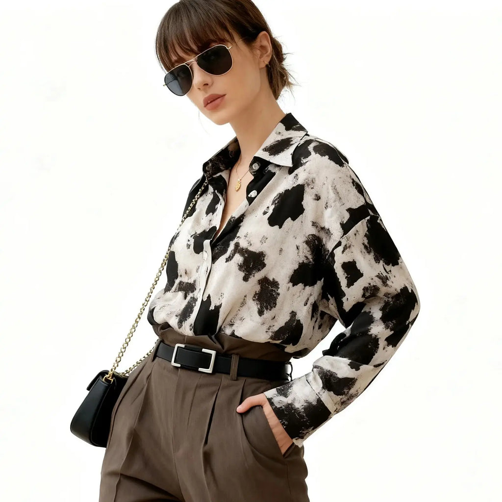 Spring Cow Print Button Up Shirts Women