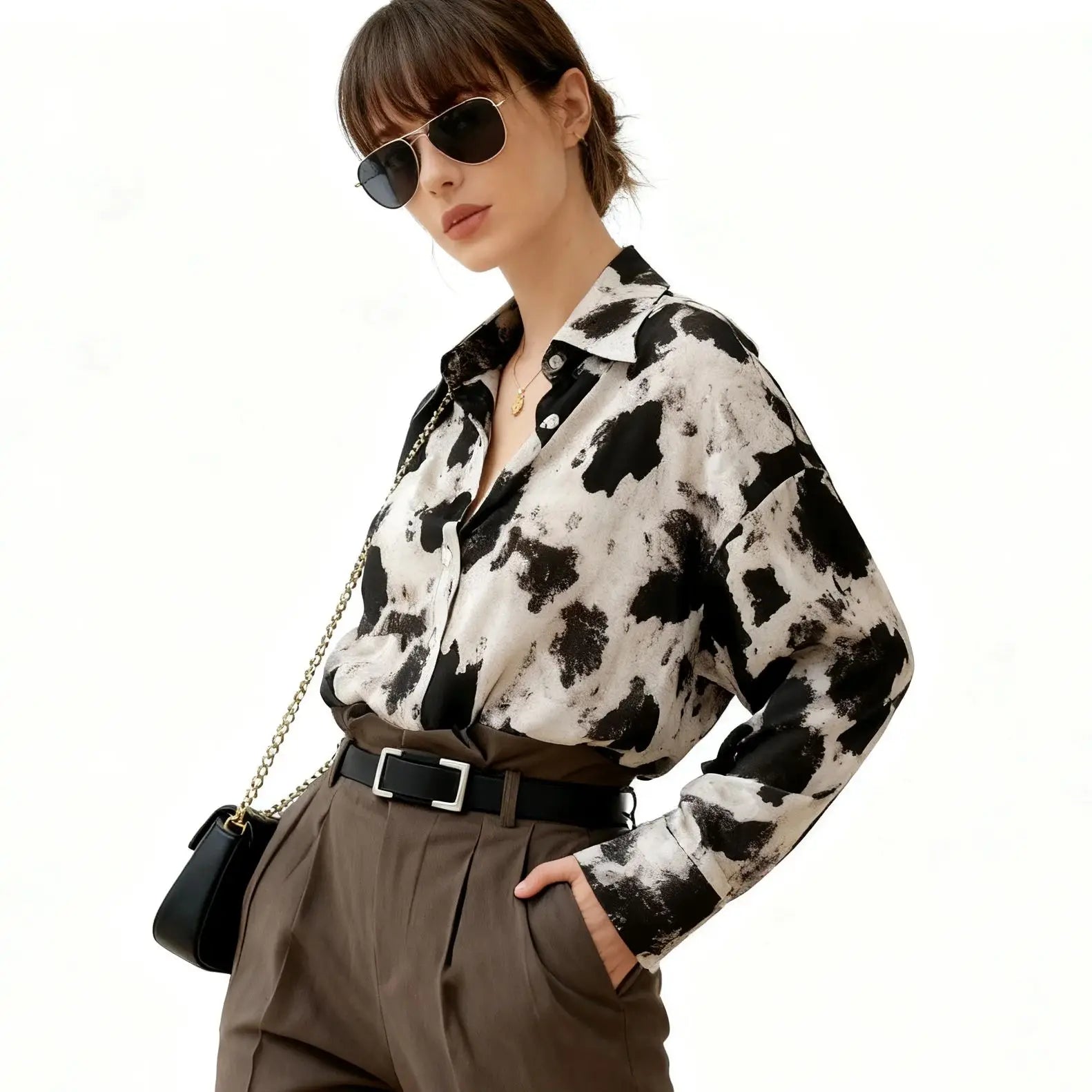 Spring Cow Print Button Up Shirts Women