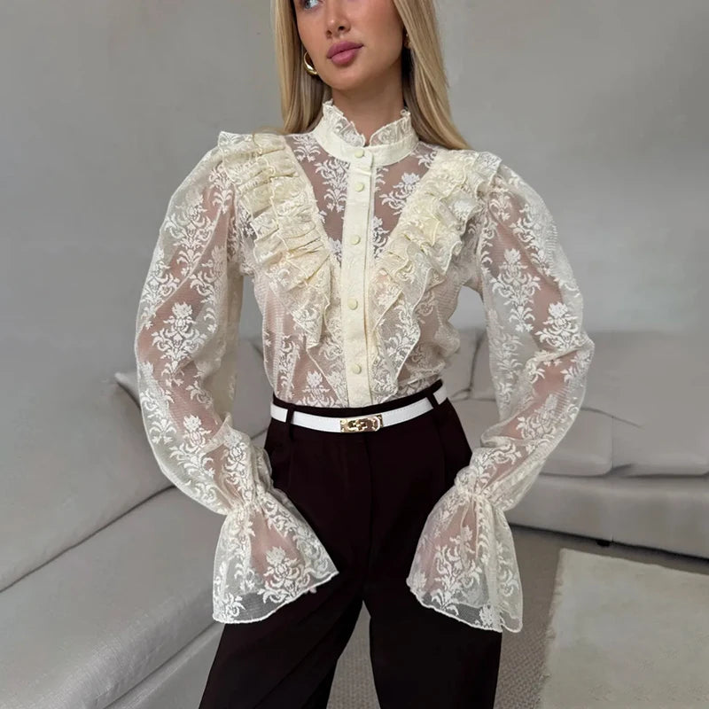 Tornova Fashion Sheer Lace Women's Blouses Retro