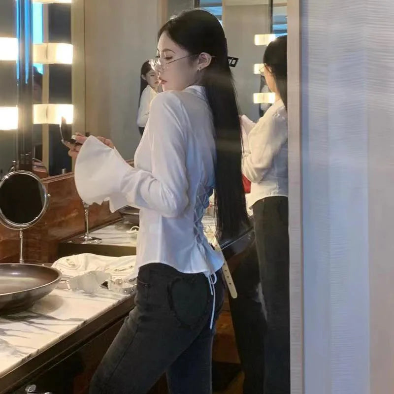 Women Sexy Slim Black White Chiffon Shirt