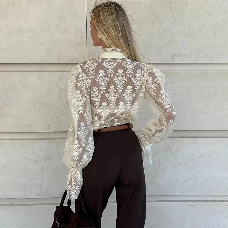 Tornova Fashion Sheer Lace Women's Blouses Retro